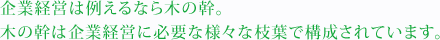 企業経営は例えるなら木の幹。木の幹は企業経営に必要な様々な枝葉で構成されています。